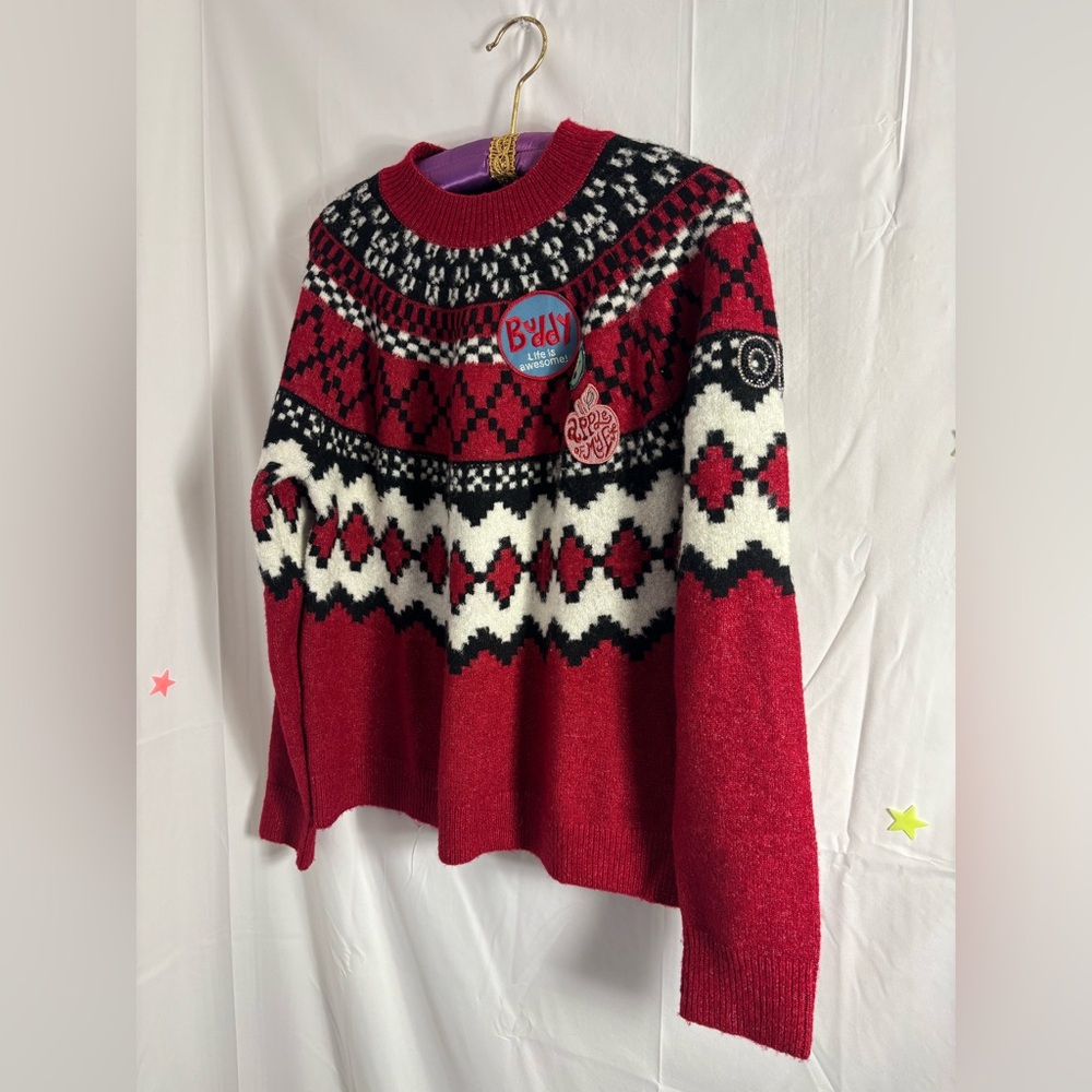 Desigual Red and Black Patchwork Wool Blend Sweater Women’s Size L